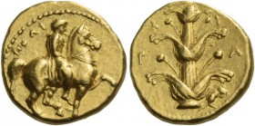 Cyrene. Drachm, magistrate Polianthes circa 322-313, AV 4.32 g. ΠOΛI Rider on horseback prancing r. Rev. K – Y / P– A Silphium plant. Traitè 1855b, pl...