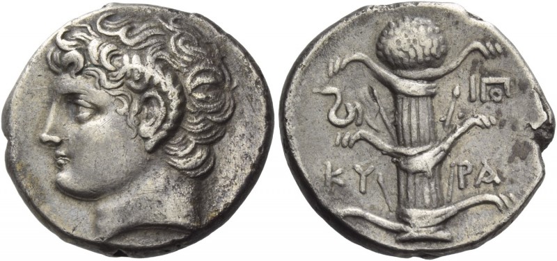 Cyrene. Didrachm circa 308-277, AR 7.67 g. Head of Apollo Carneios l. Rev. KY – ...