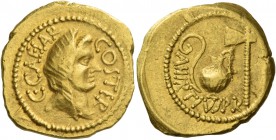C. Iulius Caesar and A. Hirtius. Aureus 46, AV 8.05 g. C·CAESAR – COS TER Veiled head of Vesta r. Rev. A HIRTIVS PR Lituus, jug and axe. Babelon Julia...