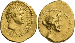 Marcus Antonius and Octavia. Aureus, mint moving with Marcus Antonius circa 38, AV 8.13 g. M·AN[TONIVS·]M·F·M·N·AVGVR·IMP·TER Bare head of Marcus Anto...