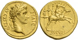 Octavian as Augustus, 27 BC – 14 AD. Aureus, Lugdunum 8 BC, AV 7.87 g. AVGVSTVS – DIVI F Laureate head r. Rev. C CAES Caius Caesar galloping r., holdi...