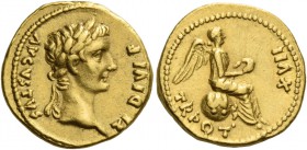Tiberius augustus, 14 – 37. Quinarius, Lugdunum 15-16, AV 3.84 g. TI DIVI F – AVGVSTVS Laureate head r. Rev. TR POT – XVII Victory seated r. on globe,...