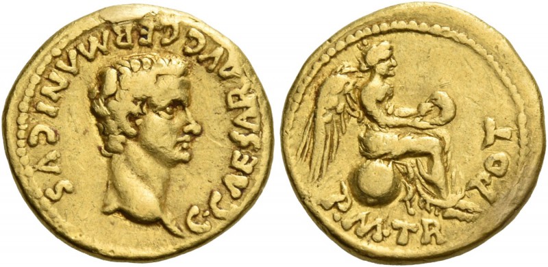 Gaius, 37 – 41. Quinarius, Lugdunum 37-38, AV 3.83 g. C CAESAR AVG GERMANICS Bar...