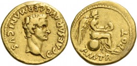 Gaius, 37 – 41. Quinarius, Lugdunum 37-38, AV 3.83 g. C CAESAR AVG GERMANICS Bare head r. Rev. P M TR – POT Victory seated r. on globe, holding wreath...