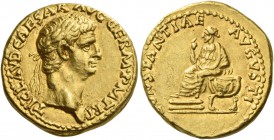 Claudius, 41 – 54. Aureus 41-42, AV 7.75 g. TI CLAVD CAESAR AVG GERM P M TR P Laureate head r. Rev. CONSTANTIAE AVGVSTI Constantia seated l. on curule...