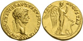 Claudius, 41 – 54. Aureus 49-50, AV 7.75 g. TI CLAVD CAESAR AVG P M TR P VIIII IMP XVI Laureate head r. Rev. PACI – AVGVSTAE Pax-Nemesis, winged, adva...