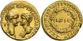 Nero augustus, 54 – 68. Aureus October-December 54, AV 7.62 g. AGRIPP AVG DIVI CLAVD NERONIS [CAES MATER] Confronted busts of Nero, bare-headed r., an...