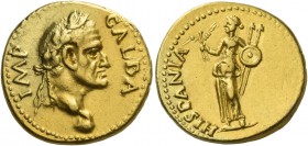 Galba, 68 – 69. Aureus, Tarraco, April to late 68, AV 7.72 g. IMP – GALBA Laureate head r., with globe at point of bust. Rev. HISPANIA Hispania, drape...