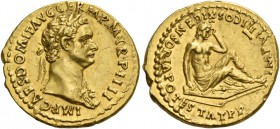 Domitian augustus, 81 – 96. Aureus 85, AV 7.71 g. IMP CAES DOMIT AVG GERM P M TR P IIII Laureate head r. with aegis. Rev. IMP VIIII COS XI CENSORIA PO...