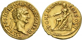 Trajan, 98 – 117. Aureus 98, AV 7.55 g. IMP CAES NERVA TRAIAN AVG GERM Laureate head r. Rev. PONT MAX TR – POT COS II Germania seated l. on shields, h...