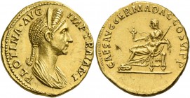 Plotina, wife of Trajan. Aureus circa 112, AV 7.29 g. PLOTINA AVG – IMP TRAIANI Diademed and draped bust r., hair in plait. Rev. CAES AVG GERMA DAC CO...
