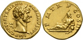 Hadrian augustus, 117 – 138. Aureus 119-122, AV 7.25 g. IMP CAESAR TRAIAN H – ADRIANVS AVG Laureate head r. Rev. P M TR P COS III Tiber reclining l., ...
