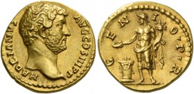Hadrian augustus, 117 – 138. Aureus circa 134-138, AV 7.28 g. HADRIANVS – AVG COS III P P Bare head r. Rev. G – EN – I – O P R Genius standing l., hol...