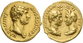Hadrian augustus, 117 – 138. Aureus after 138, AV 7.29 g. HADRIANVS – AVG COS III P P Bare bust r., with drapery on l. shoulder. Rev. DIVIS PAREN – TI...