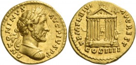 Antoninus Pius augustus, 138 – 161. Aureus 158-159, AV 7.29 g. ANTONINVS – AVG PIVS P P Laureate and cuirassed bust r. Rev. TEMPL DIVI – AVG REST Octa...