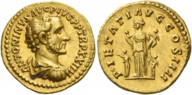 Antoninus Pius augustus, 138 – 161. Aureus 159-160, AV 7.20 g. ANTONINVS AVG PIVS P P TR P XX IIII Bare-headed draped and cuirassed bust r. Rev. PIETA...