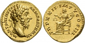Marcus Aurelius augustus, 161 – 180. Aureus 167-168, AV 7.19 g. M ANTONINVS AVG – ARM PARTH MAX Laureate head r. Rev. TR P XXII IMP V COS III Aequitas...