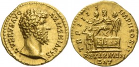 Lucius Verus, 161 – 169. Aureus 163-164, AV 7.30 g. L VERVS AVG – ARMENIACVS Bare head r. Rev. TR P III – I – IMP II COS II L. Verus seated l. on plat...