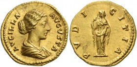 Lucilla, wife of Lucius Verus. Aureus 164-169 or 183, AV 7.36 g. LVCILLA – AVGVSTA Draped bust r., hair caught up in double chignon. Rev. PVDI – CITIA...