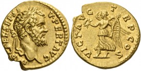 Septimius Severus, 193 – 211. Aureus 193, AV 7.42 g. IMP CAE L SEP SE – V PERT AVG Laureate head r. Rev. VICT AVG – TR P COS Victory advancing l., hol...