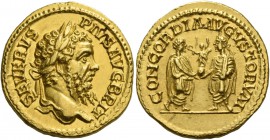 Septimius Severus, 193 – 211. Aureus 210-211, AV 7.08 g. SEVERVS – PIVS AVG BRIT Laureate head r. Rev. CONCORDIA AVGVSTORVM Caracalla, laureate and to...