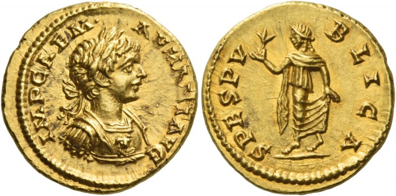 Caracalla augustus, 198 – 217. Aureus, Laodicea ad Mare 198, AV 7.13 g. IMP CAE ...