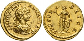 Caracalla augustus, 198 – 217. Aureus, Laodicea ad Mare 198, AV 7.13 g. IMP CAE M · – AVR ANT AVG Laureate bust r., wearing cuirass decorated with aeg...