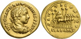 Elagabalus, 218 – 222. Aureus, Antiochia circa 218-219, AV 7.18 g. IMP C M AVR ANTONINVS P F AVG Laureate, draped and cuirassed bust r. Rev. SANCT DEO...