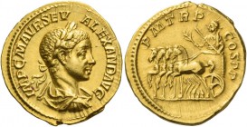Severus Alexander, 222 – 235. Aureus circa 225, AV 6.26 g. IMP C M AVR SEV ALEXAND AVG Laureate, draped and cuirassed bust r. Rev. P M TR P – COS P P ...