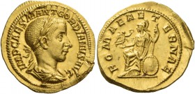 Gordian III, 238 – 244. Aureus 239, AV 4.61 g. IMP CAES M ANT GORDIANVS AVG Laureate, draped, and cuirassed bust r. Rev. ROMAE AE – T – ERNAE Roma sea...
