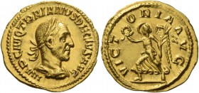 Trajan Decius, 249 – 251. Aureus 249-251, AV 4.06 g. IMP C M Q TRAIANVS DECIVS AVG Laureate and cuirassed bust r. Rev. VICT – ORIA AVG Victory advanci...