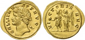 Gallienus sole reign, 260 – 268. Aureus circa 265-266, AV 3.01 g. GALLIENV – S P F AVG Head l., wearing wreath of reeds. Rev. VI – CTORIA – AVG Gallie...