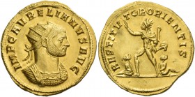 Aurelian, 270 – 275. Binio, Antiochia end 273, AV 5.82 g. IMP C AVRELIANVS AVG Radiate and cuirassed bust r. Rev. RESTITVTOR ORIENTIS Sol standing l.,...