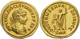 Diocletian, 284-305. Aureus, Antiochia 286, AV 5.43 g. IMP C C VAL DIOCLETIANVS P F AVG Laureate, draped, and cuirassed bust r. Rev. IOVI CONSERVA – T...