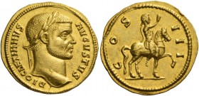 Diocletian, 284-305. Aureus, Cyzicus 287-290, AV 5.32 g. DIOCLETIANVS – AVGVSTVS Laureate head r. Rev. COS – II – I Emperor on horseback r., raising r...