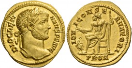 Diocletian, 284-305. Aureus 289-290, AV 5.04 g. DIOCLETI – ANVS P F AVG Laureate head r. Rev. IOV – I CONSE – RVATORI Jupiter seated l. on throne, hol...