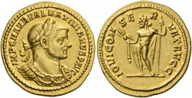Maximianus augustus, first reign 286 – 305. Aureus circa 286, AV 5.38 g. IMP C M AVR VAL MAXIMIANVS P AVG Laureate, draped and cuirassed bust r. Rev. ...