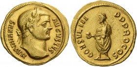 Maximianus augustus, first reign 286 – 305. Aureus, Cyzicus circa 291, AV 5.33 g. MAXIMIANVS – AVGVSTVS Laureate head r. Rev. CONSVL III – P P PROCOS ...