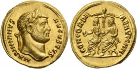 Maximianus augustus, first reign 286 – 305. Aureus, Cyzicus circa 293, AV 5.42 g. MAXIMIANVS – AVGVSTVS Laureate head r. Rev. CONCORDI – AE AVGG NN Th...