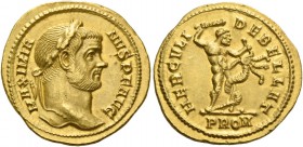 Maximianus augustus, first reign 286 – 305. Aureus circa 294, AV 5.55 g. MAXIMIA – NVS P F AVG Laureate head r. Rev. HERCVLI – DEBELLAT Hercules stand...