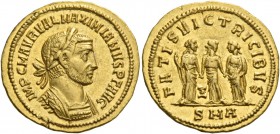 Maximianus augustus, first reign 286 – 305. Aureus, Antiochia 294, AV 5.23 g. IMP C M AVR VAL MAXIMIANVS P F AVG Laureate and cuirassed bust r. Rev. F...