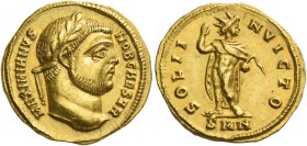 Galerius caesar, 293 – 305. Aureus, Nicomedia 294, AV 5.28 g. MAXIMIANVS – NOB CAESAR Laureate head r. Rev. SOLI I – NVICTO Sol standing facing, head ...