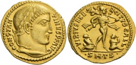 Constantine I, 307 – 337. Solidus, Thessalonica 317, AV 4.59 g. CONSTAN – TINVS P F AVG Laureate head r. Rev. VIRTVS EXE – RCITVS GALL Mars walking r....