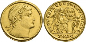 Constantine I, 307 – 337. Solidus, Nicomedia 335, AV 4.46 g. Rosette-diademed head, looking upwards. Rev. VICTORIA CONSTANTINI AVG Victory seated r. o...