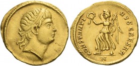 Constantine II caesar, 316 – 337. Solidus, Nicomedia 325-326, AV 4.46 g. Diademed head r. Rev. CONSTANTI – NVS CAESAR Victory advancing l., holding wr...