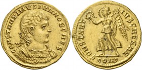 Constantine II caesar, 316 – 337. Solidus, Constantinople 335, AV 4.37 g. CONSTANTINVS IVN NOB CAES Laureate, draped and cuirassed bust r. Rev. CONSTA...