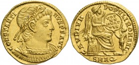 Constantine II augustus, 337 – 340. Solidus, Aquileia 337, AV 4.41 g. CONSTANTI – NVS P F AVG Laureate, rosette diademed and cuirassed bust r. Rev. GA...