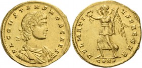 Constans and Delmatius caesares, 333 – 337. Solidus, Constantinople 335, AV 4.47 g. FL CONSTANS NOB CAES Laureate, draped and cuirassed bust r. Rev. D...