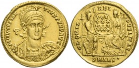 Constantius II augustus, 337 – 361. Solidus, Antiochia 347-355, AV 4.44 g. FL IVL CONSTAN – TIVS PERP AVG Pearl-diademed, helmeted, draped and cuirass...