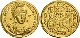 Constantius II augustus, 337 – 361. Solidus, Nicomedia 351-355, AV 4.41 g. FL IVL CONSTAN – TIVS PERP AVG Helmeted, draped and cuirassed bust facing, ...